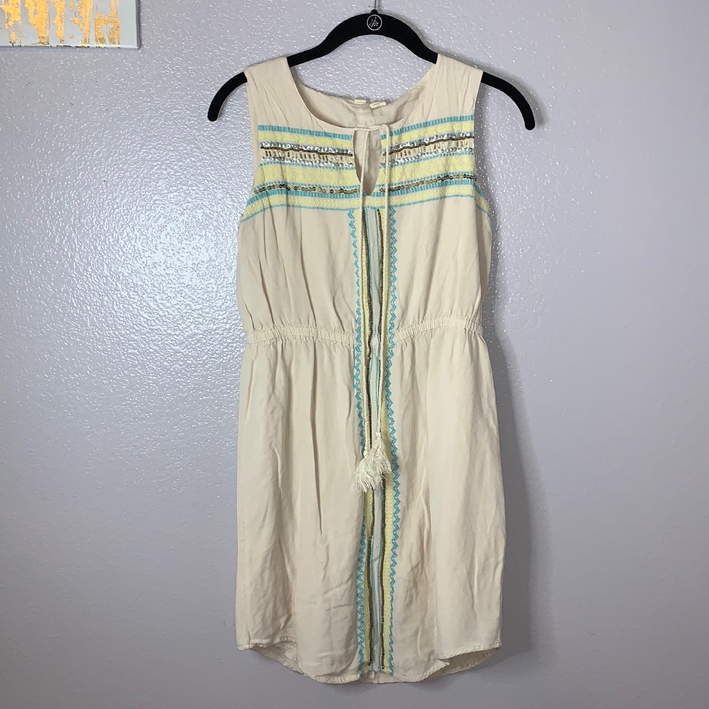 Kenji beige beaded tassels boho sleeveless mini dress